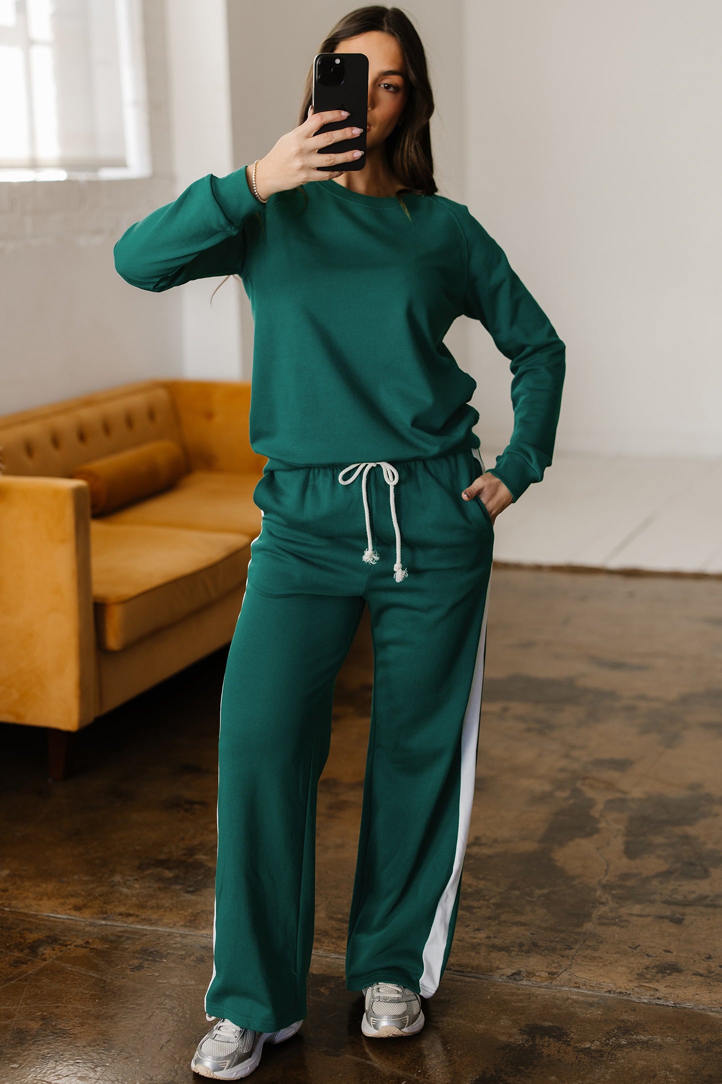 Solid Color Pullover Top Varsity Stripe Detail Loose Drawstring Pants Set