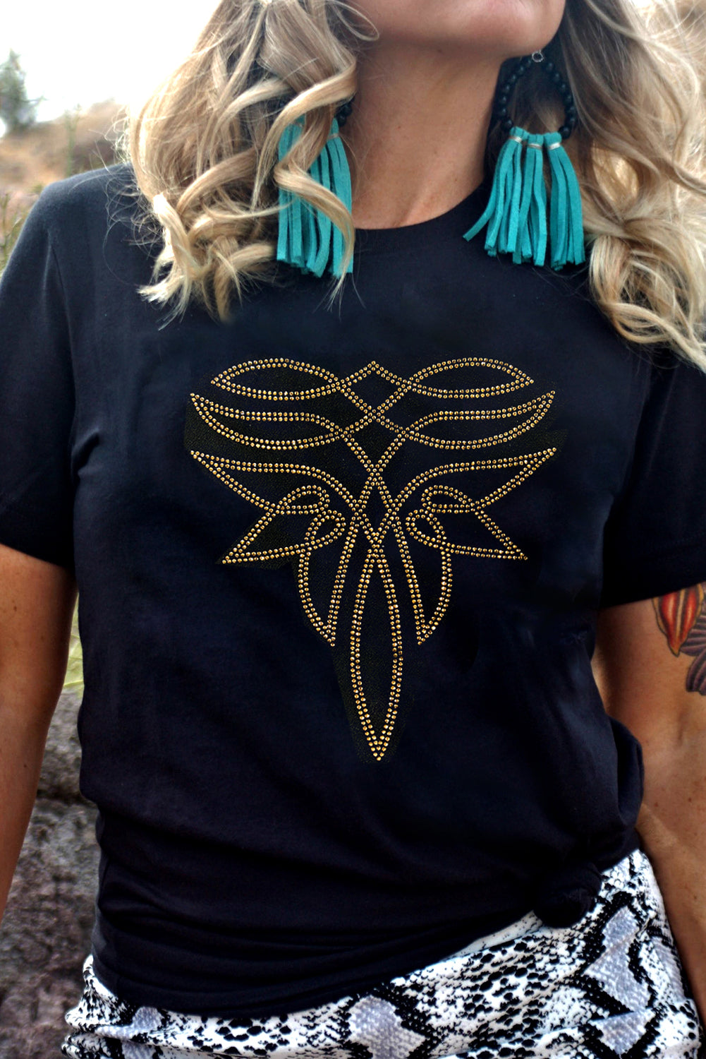 Rhinestone Western Pattern Cotton Blend Graphic T Shirt
