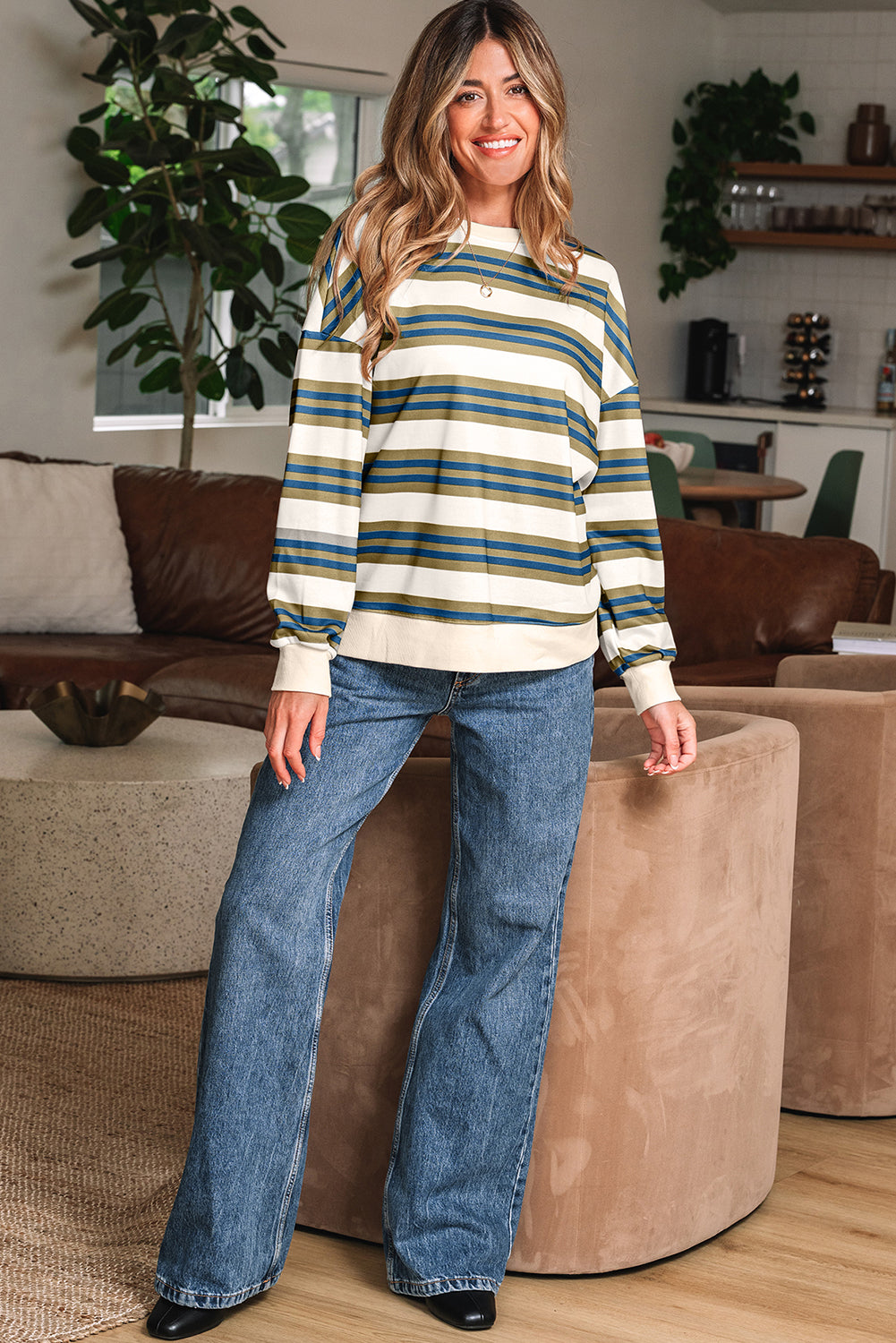 Stripe Crew Neck Drop Shoulder Pullover Sweatshirt