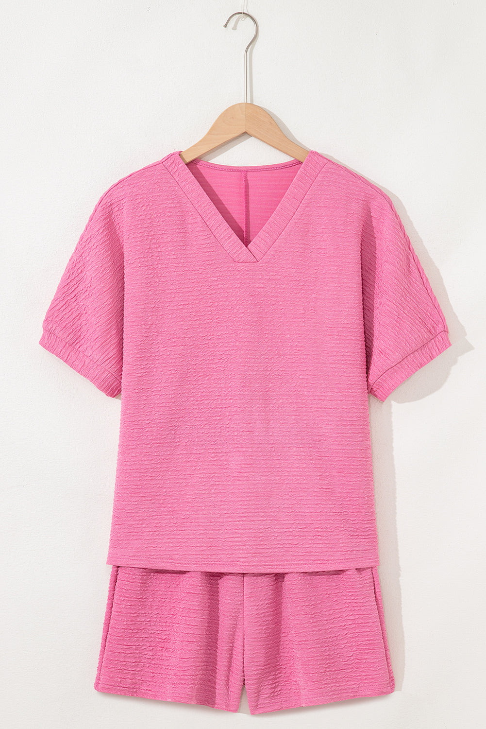 Textured V Neck T Shirt and Shorts Set