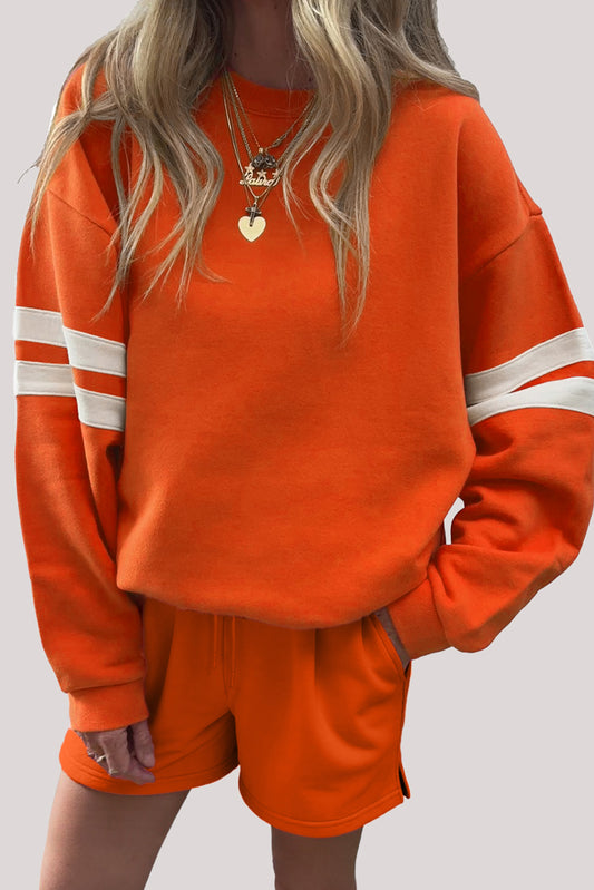 Varsity Striped Sleeve Drop Shoulder Sweatshirt and Short Set