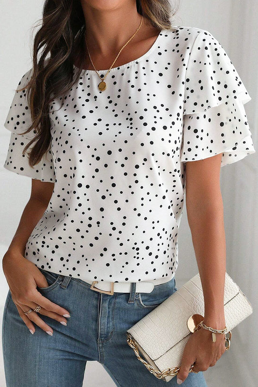 Dalmatian Print Layered Ruffled Short Sleeve Blouse