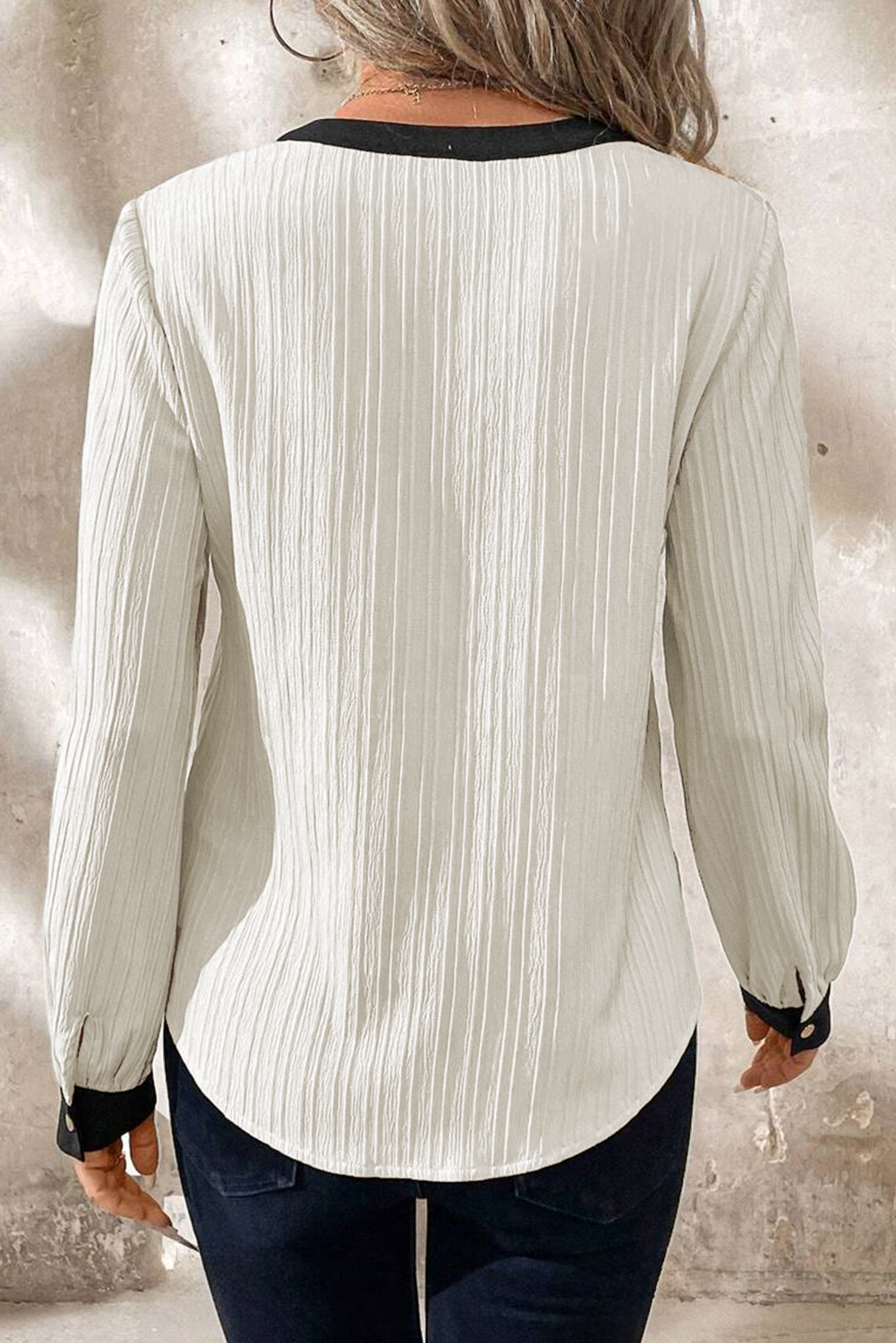 Textured Colorblock V Neck Elegant Blouse