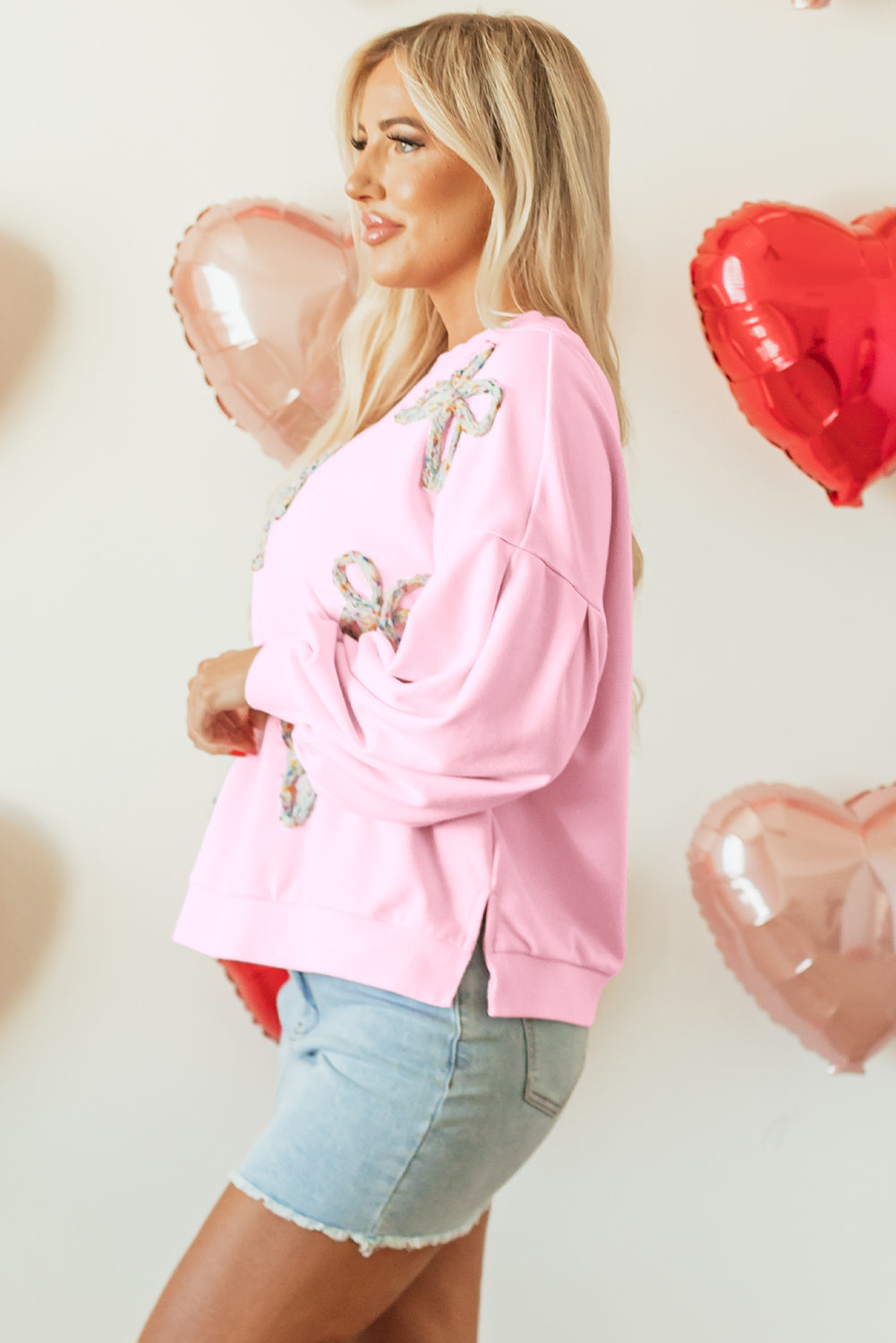 Embroidered Bow Lantern Sleeve Oversized Pullover Sweatshirt