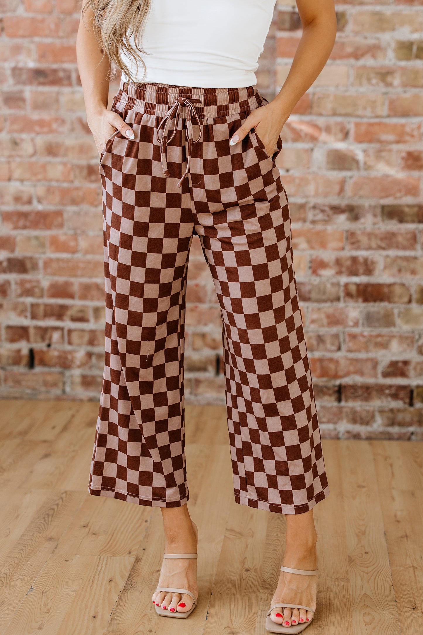 Checkered Elastic High Waist Loose Casual Pants