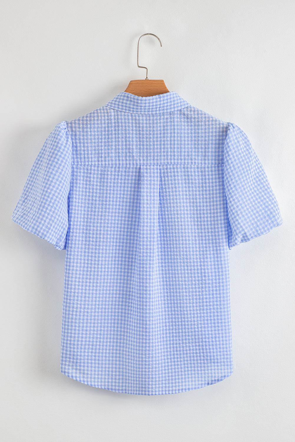 Gingham Short Puff Sleeve Button Up Shirt