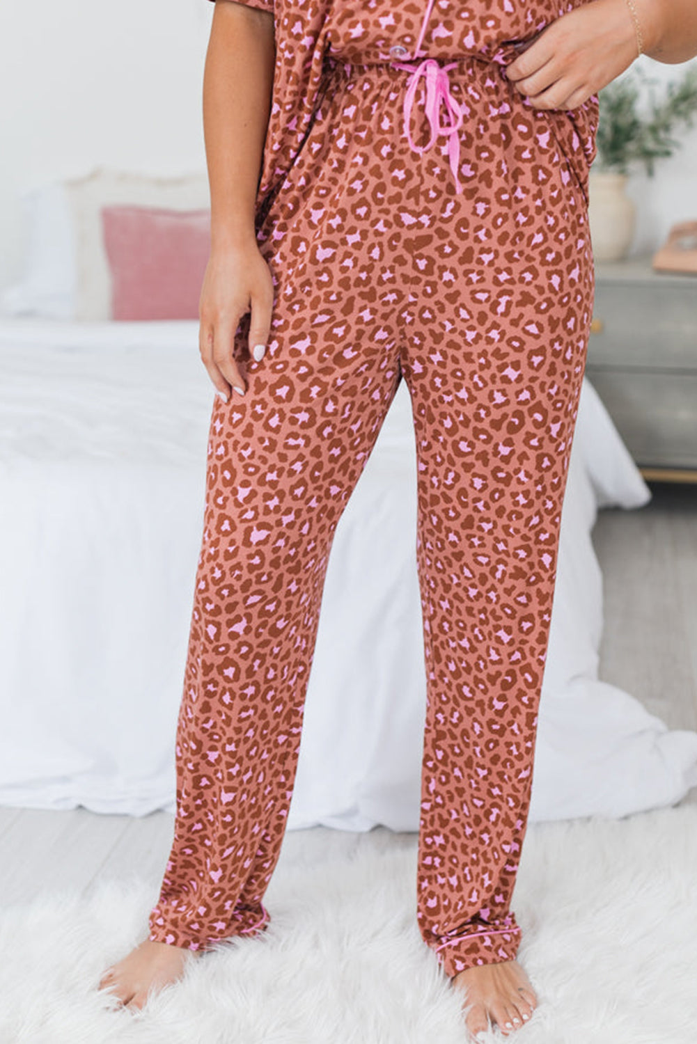 Leopard Print Short Sleeve Shirt and Pants Pajamas Set