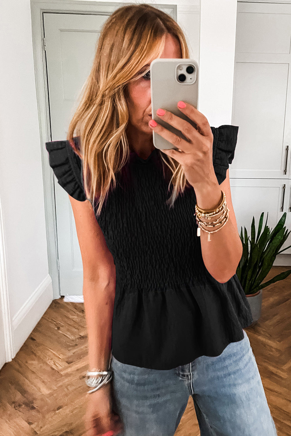 Ruffle Short Sleeve Shirred Peplum Top