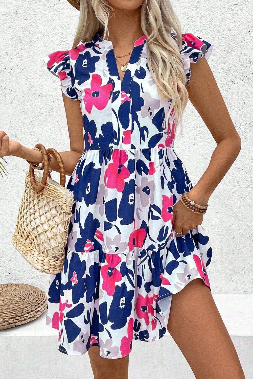 Floral Print Notched Neck Flutter Sleeve Mini Dress