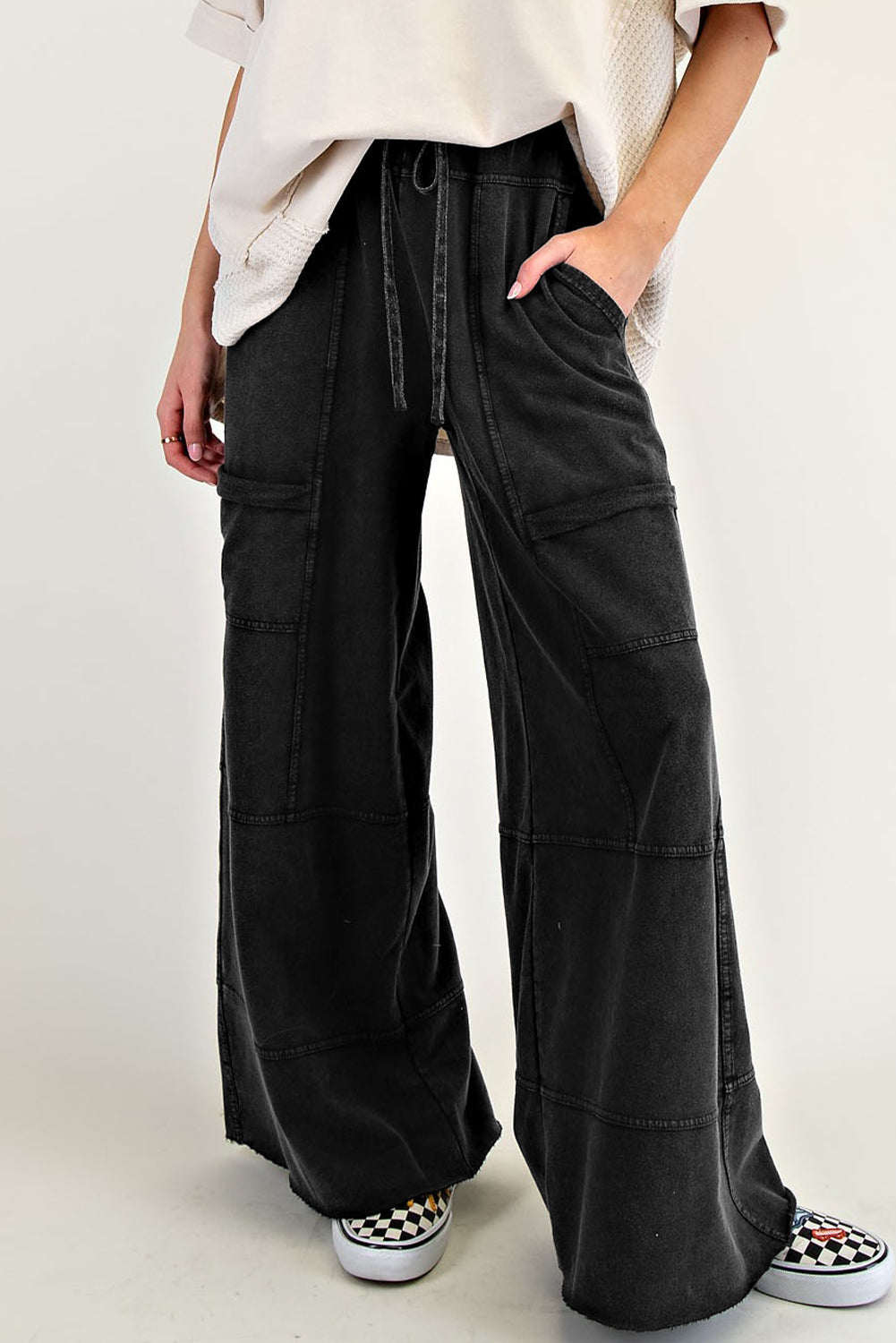 Mineral Wash Exposed Seam Drawstring High Waist Wide Leg Cargo Pants
