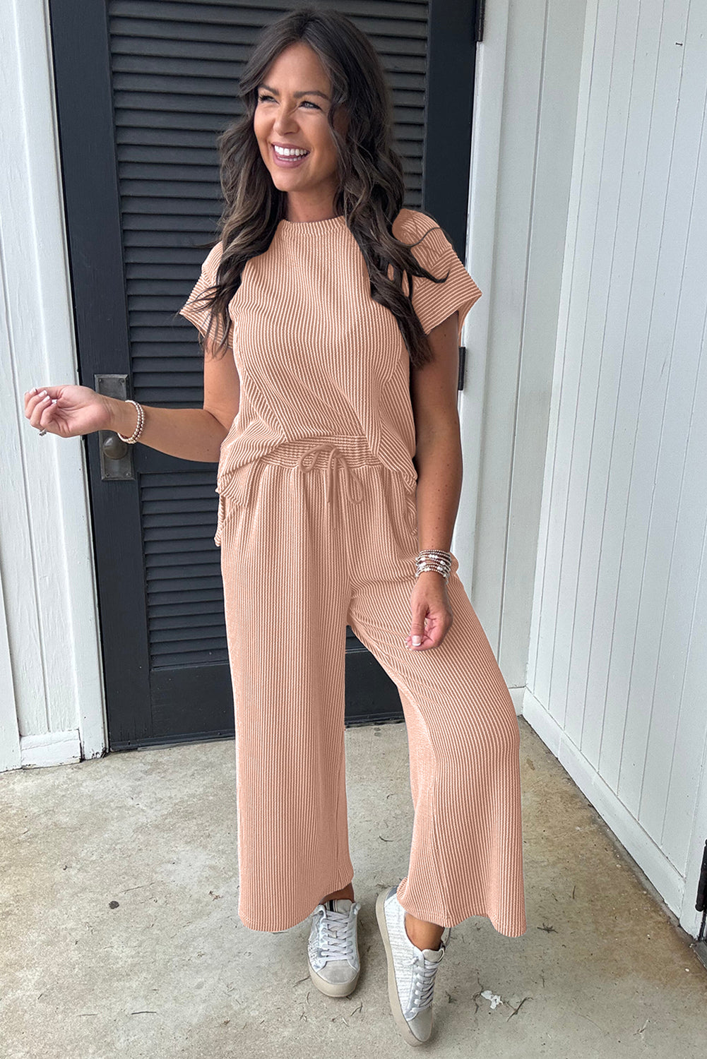 Solid Corded Knit Short Sleeve T Shirt and Wide Leg Pants Set