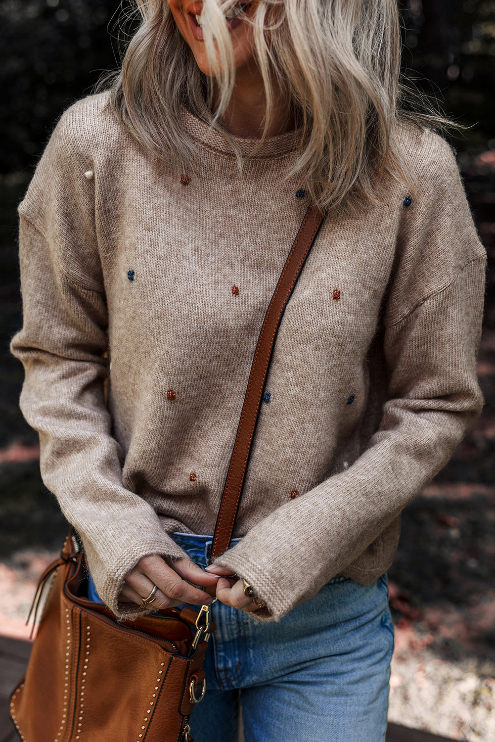 Contrast Colored Dot Detail Drop Shoulder Sweater