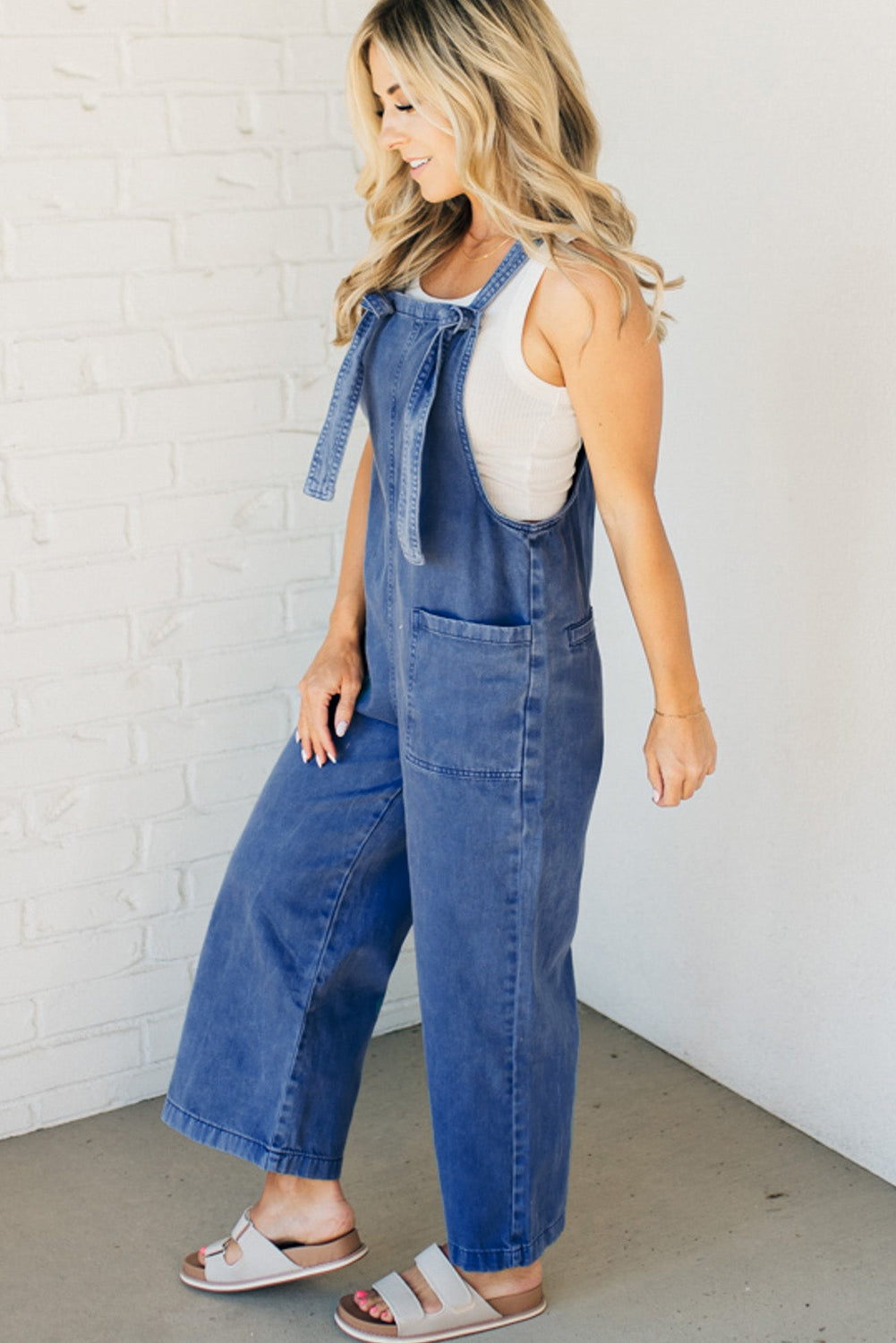 Mineral Wash Knotted Strap Patched Pocket Wide Leg Denim Overalls