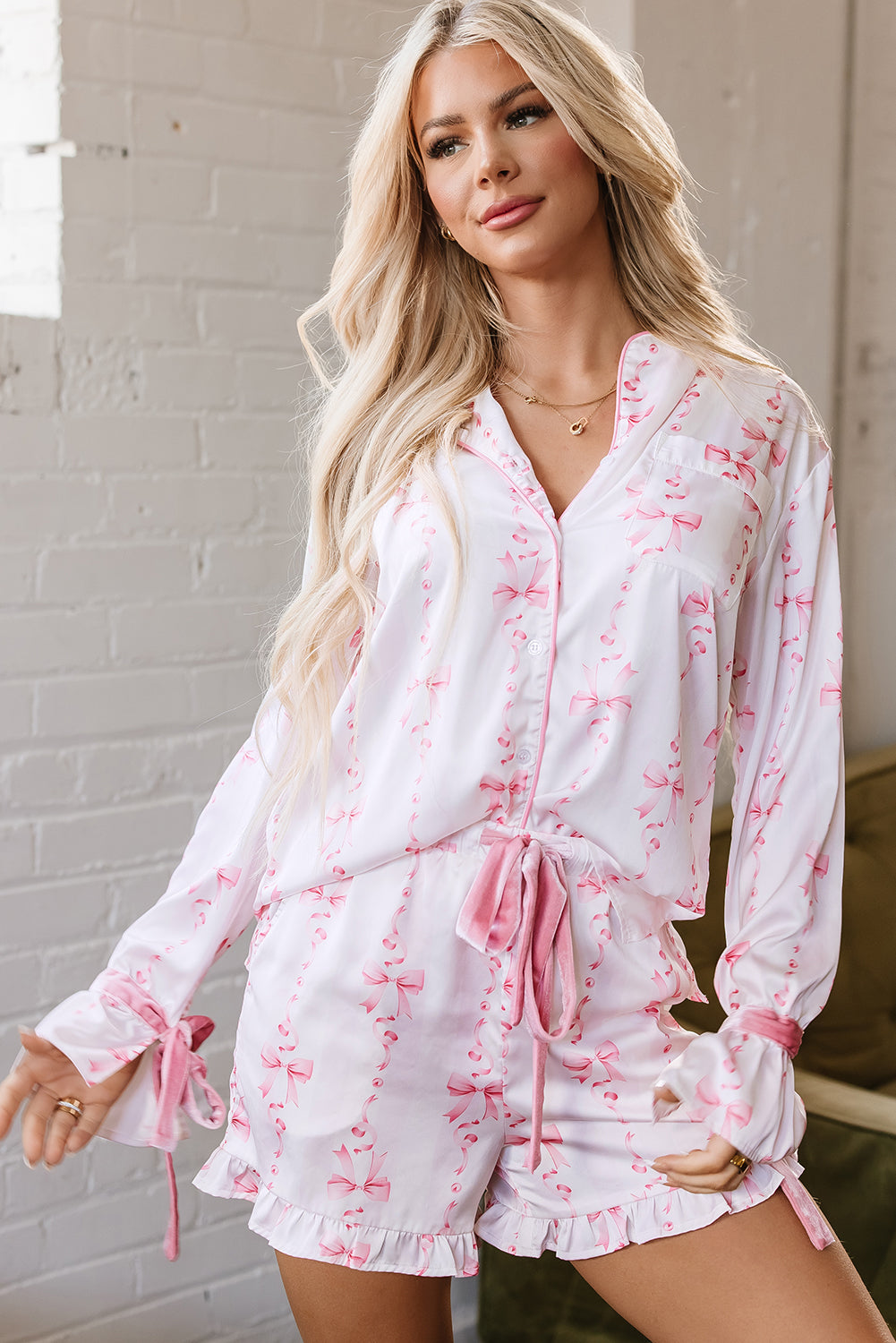 Satin Bow Bell Sleeve Shirt and Ruffled Shorts Pajama Set