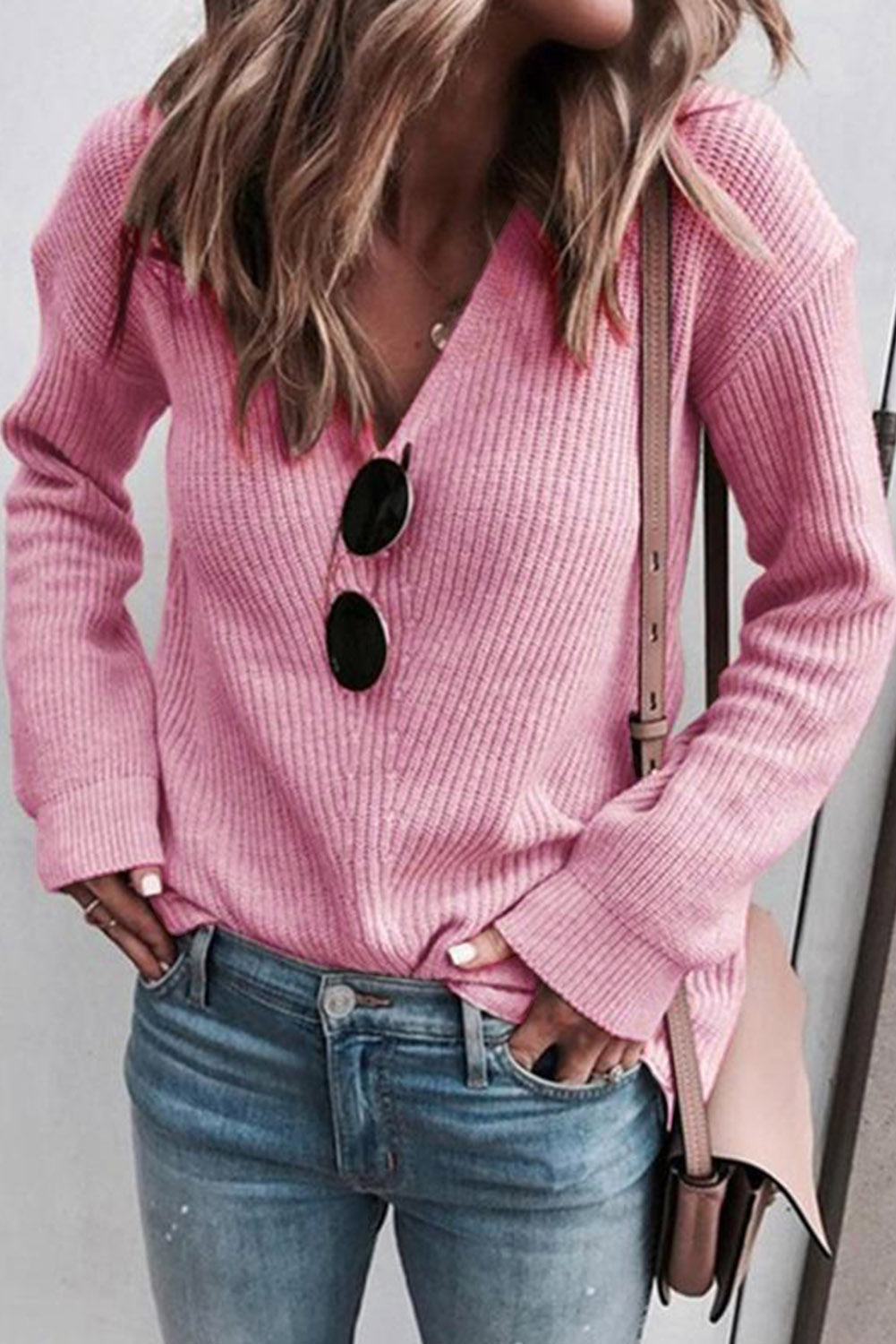 Ribbed Knit V Neck Sweater