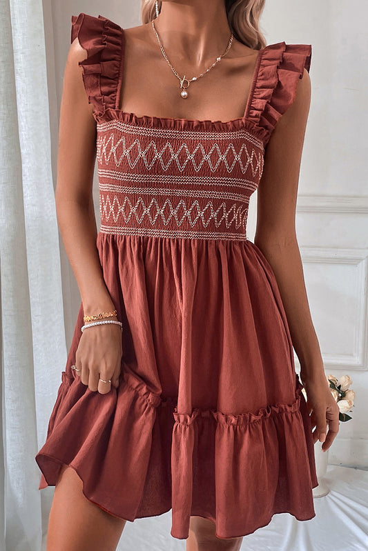 Geometric Stitch Shirred Bodice Ruffled Trim Sleeveless Mini Dress