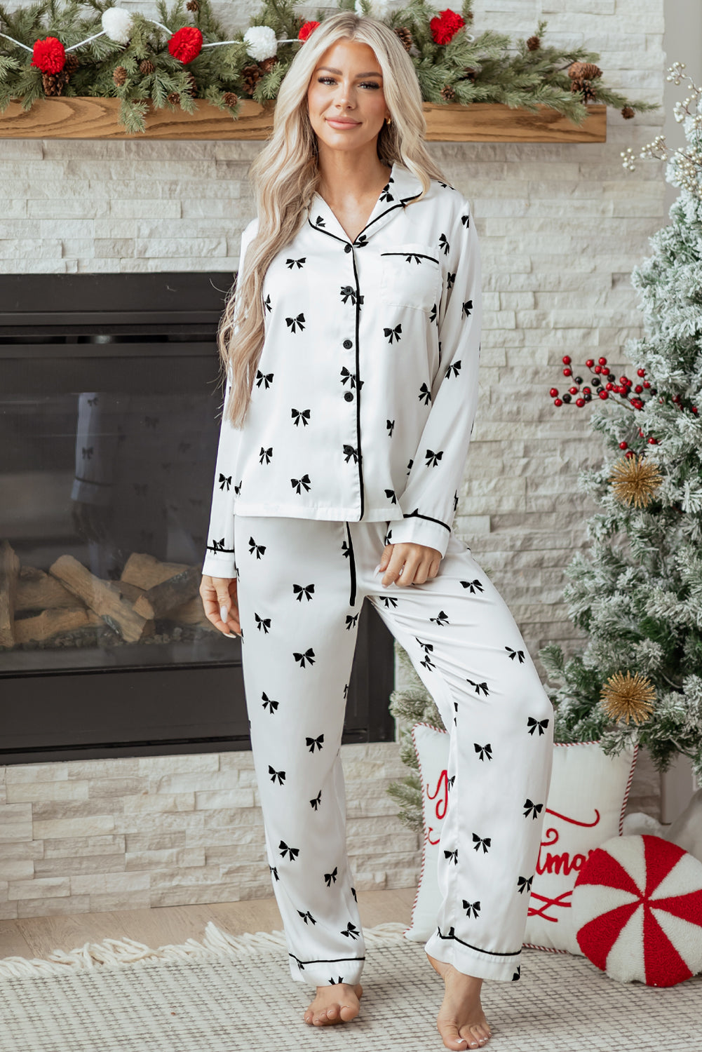 Bows Print Two Piece Sleepwear