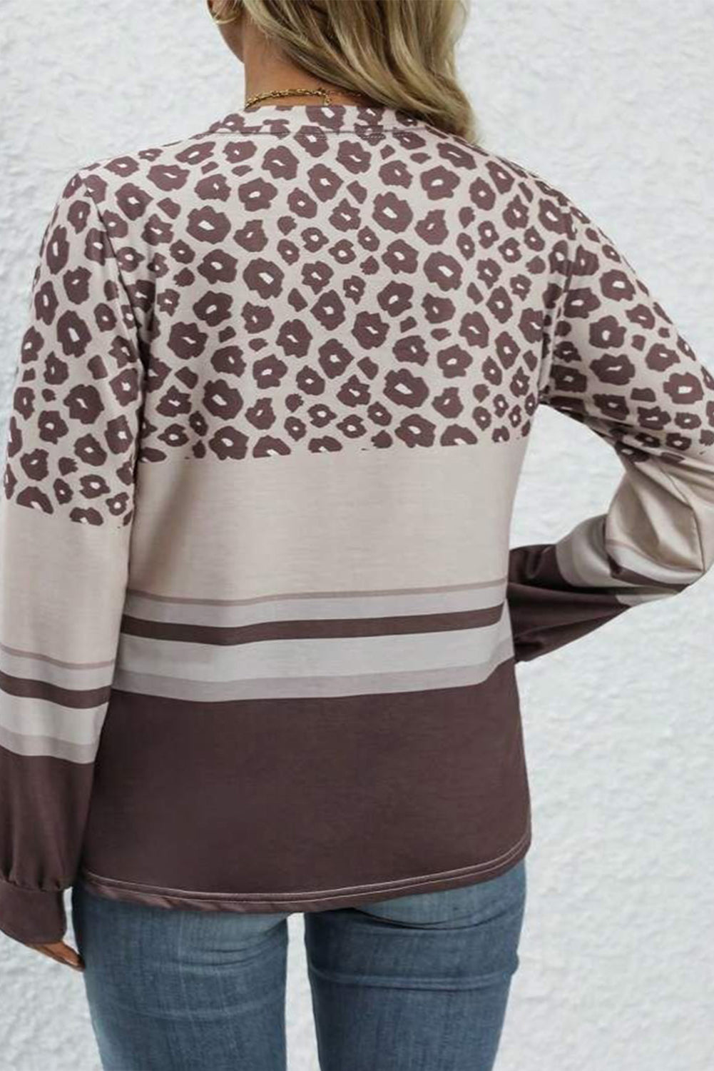 Plus Size Leopard Striped Long Sleeve Crew Neck Top