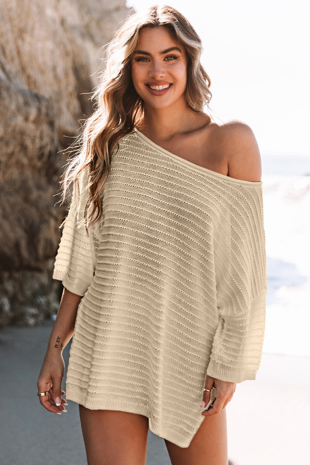 Textured Knit Drop Shoulder Short Sleeve Sweater