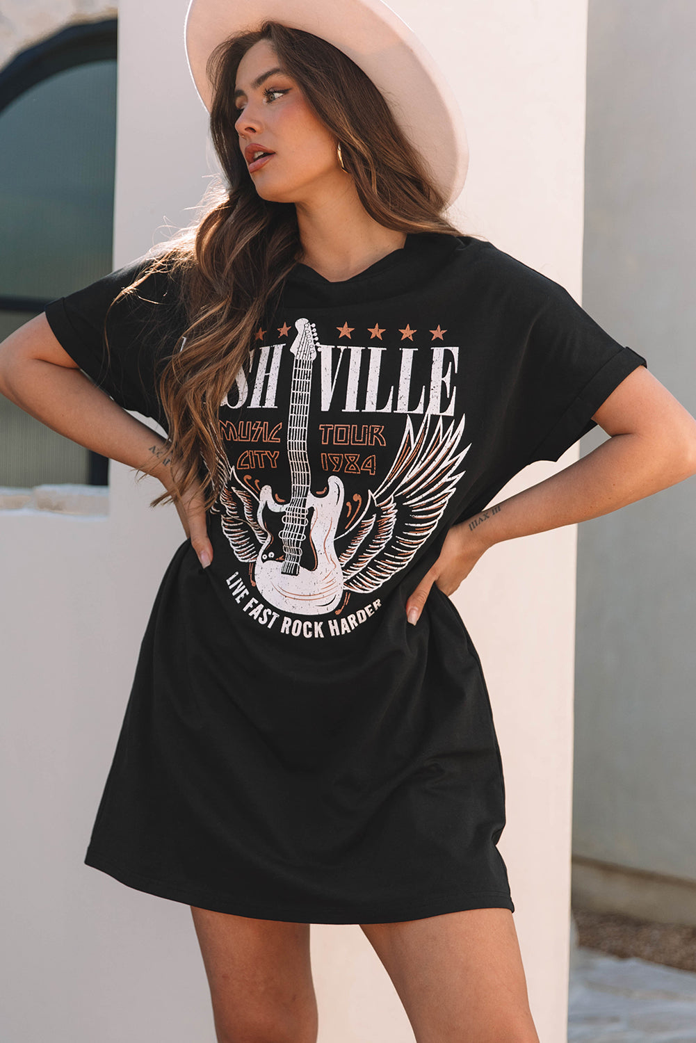 Nashville Guitar Print Crew Neck T Shirt Mini Dress