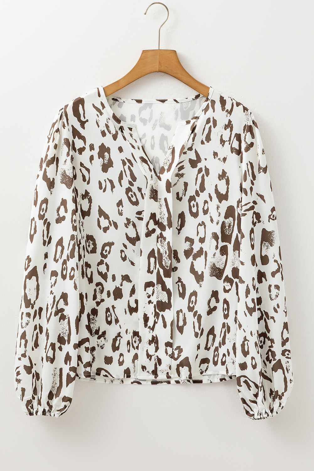 Leopard Print Split Neck Balloon Sleeve Blouse