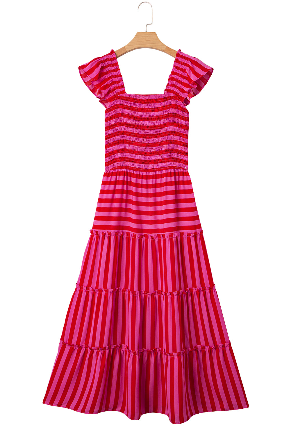 Stripe Flutter Sleeve Smocked Bodice Tiered Maxi Dress