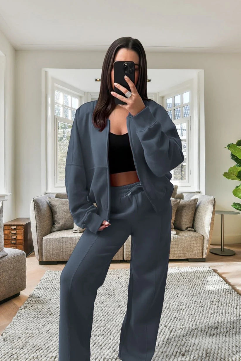 Bomber New Style Oversized Fleece Zipper and Wide Leg Tracksuit