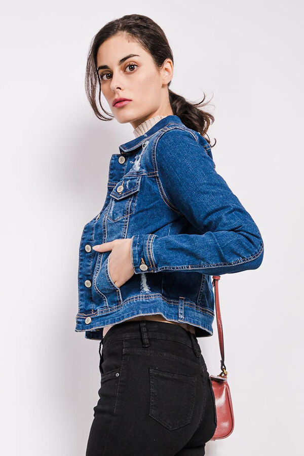 Crystal Cropped Diamanté Heart Denim Jacket 2 Colours