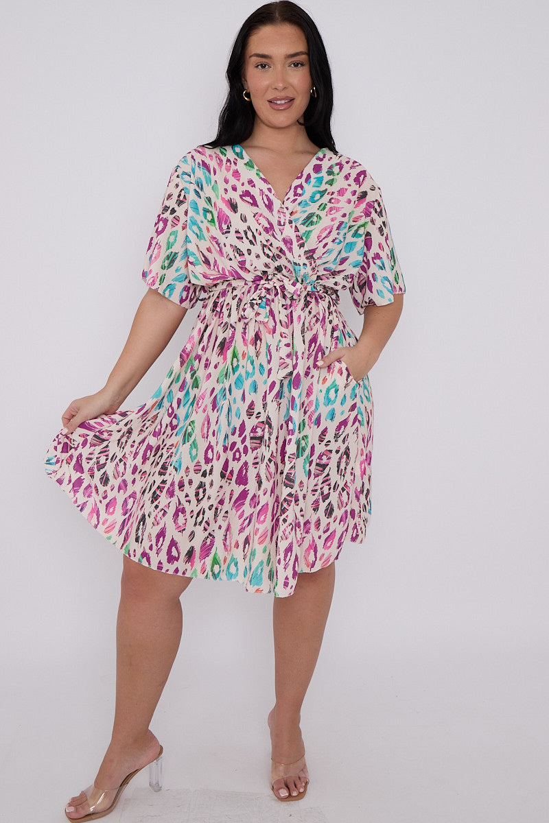 Anna Plus Size Printed Wrap Tie Waist Dress With Pockets 4 Colours