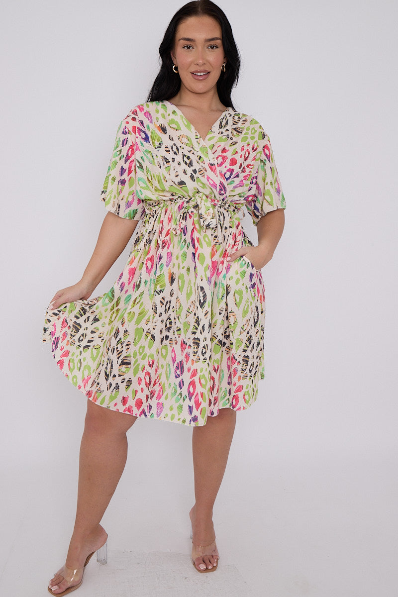 Anna Plus Size Printed Wrap Tie Waist Dress With Pockets 4 Colours