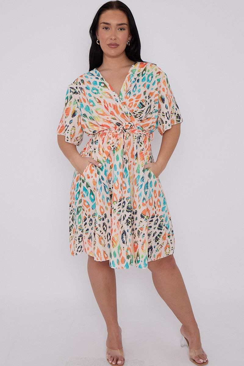 Anna Plus Size Printed Wrap Tie Waist Dress With Pockets 4 Colours