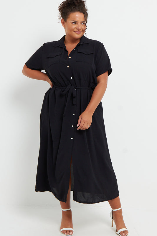 Georgia Plus Size Black Button Through Tie Waist Shirt Midi Dress