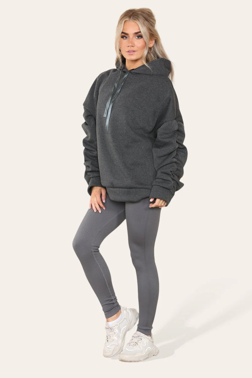 Ruched Sleeves Hoodie With Satin Ribbon