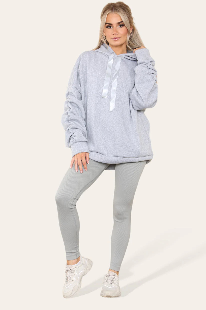 Ruched Sleeves Hoodie With Satin Ribbon