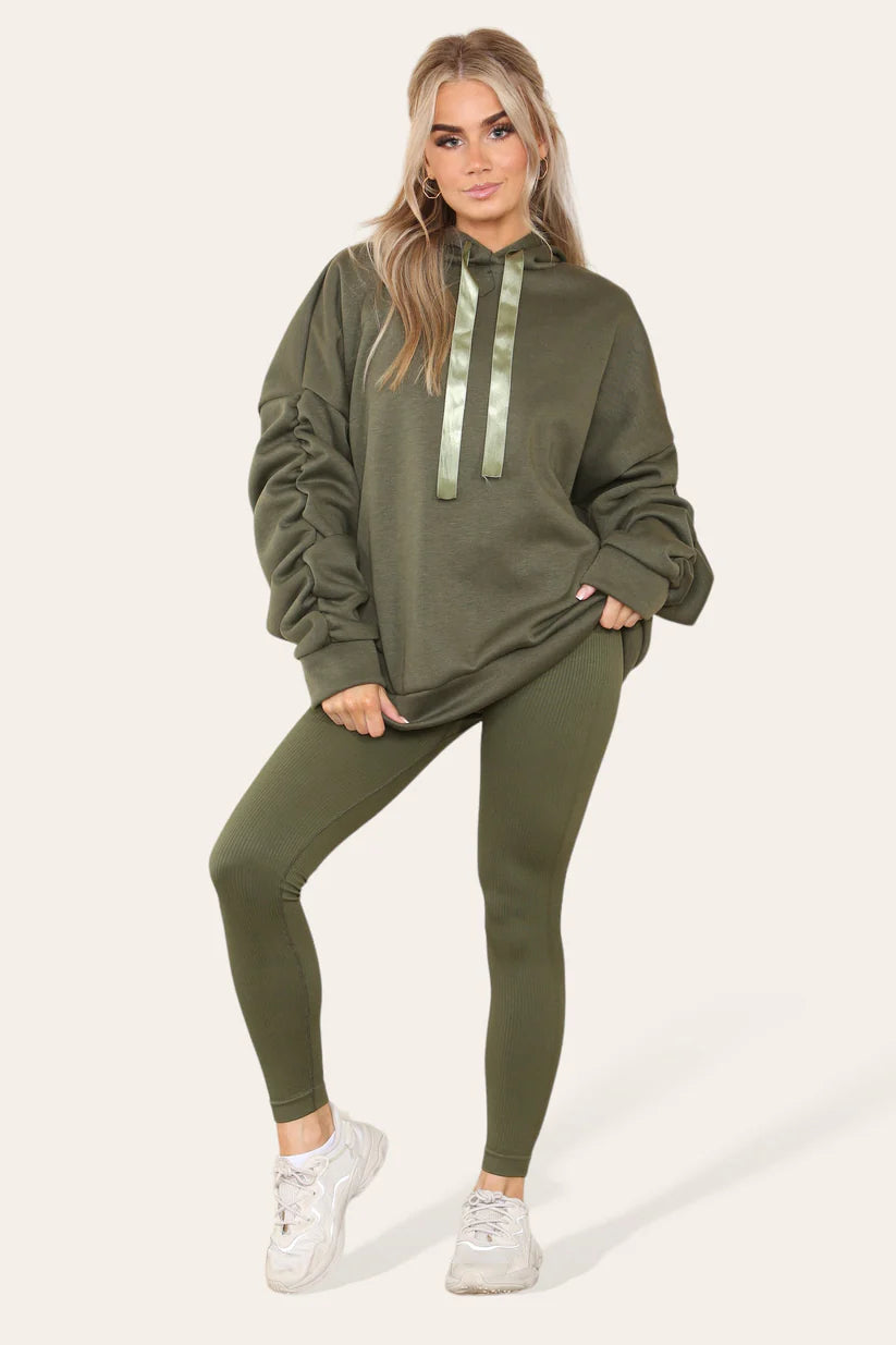 Ruched Sleeves Hoodie With Satin Ribbon