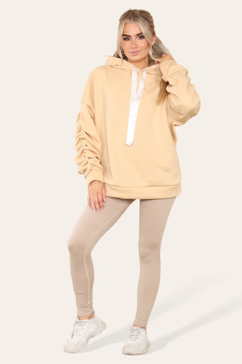 Ruched Sleeves Hoodie With Satin Ribbon