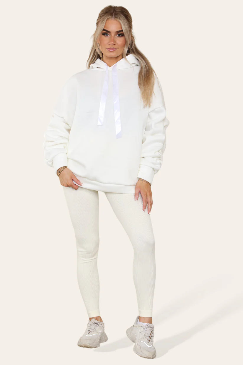 Ruched Sleeves Hoodie With Satin Ribbon