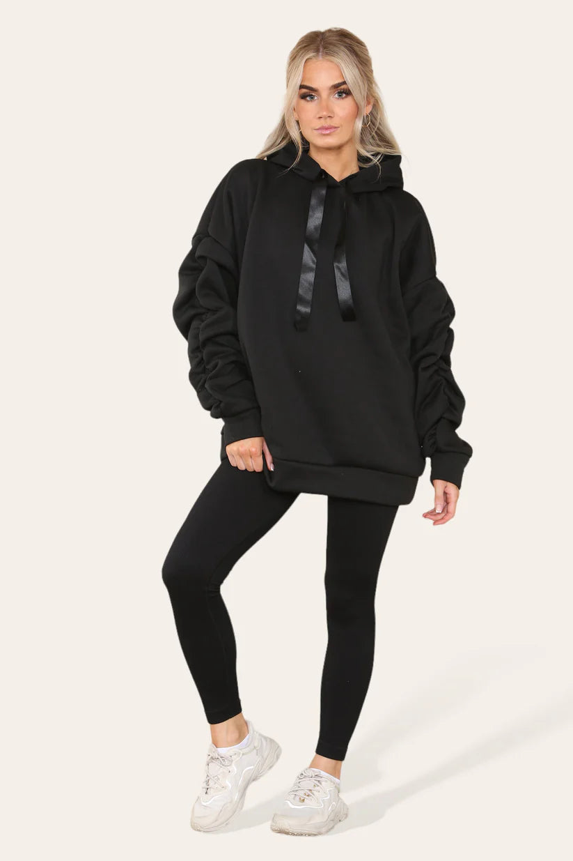 Ruched Sleeves Hoodie With Satin Ribbon