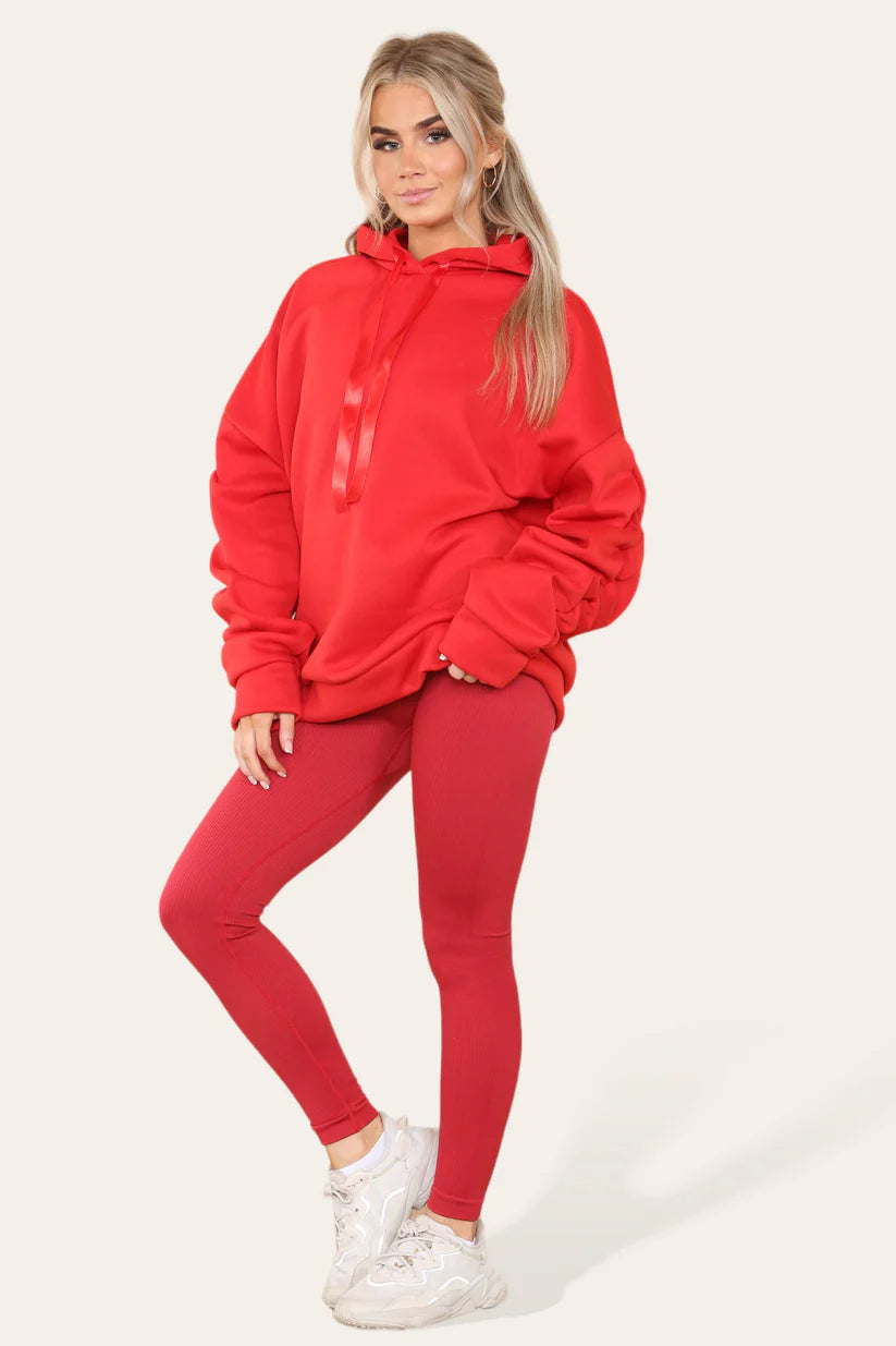 Ruched Sleeves Hoodie With Satin Ribbon