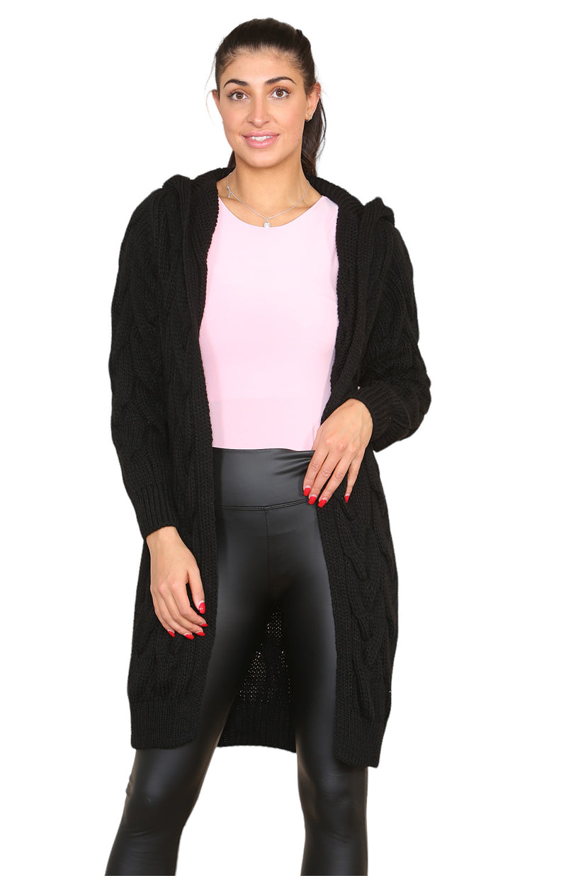 Knitted Cable Hooded Long Over Sized Cardigan