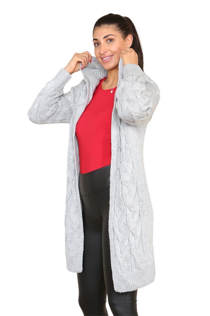 Knitted Cable Hooded Long Over Sized Cardigan