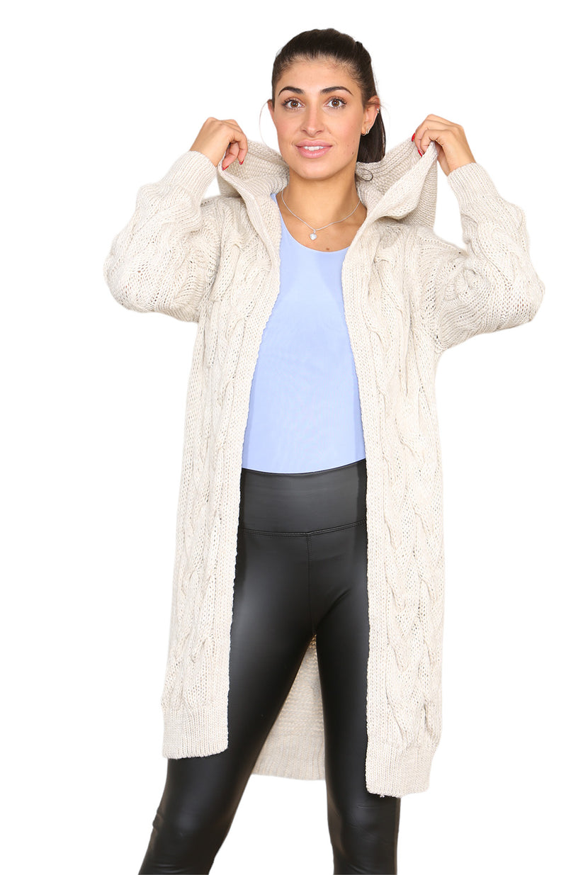 Knitted Cable Hooded Long Over Sized Cardigan