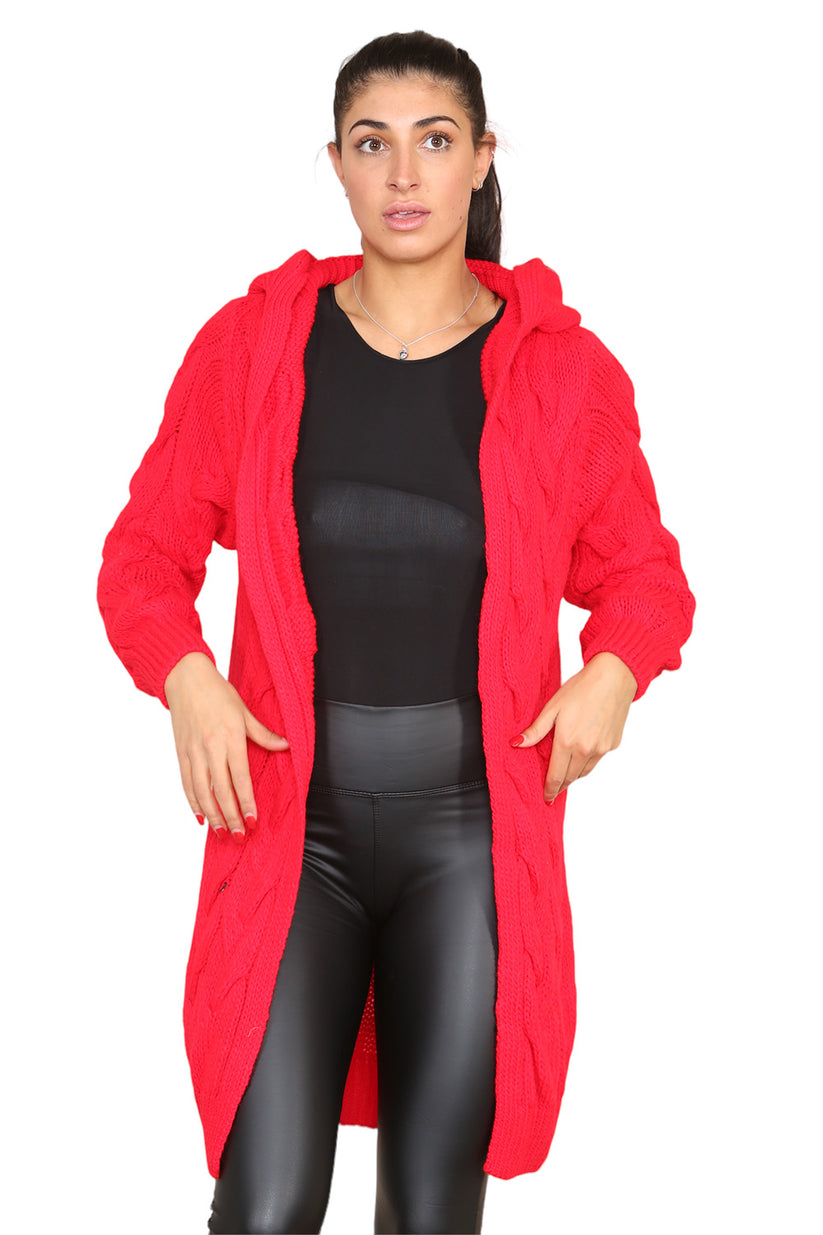 Knitted Cable Hooded Long Over Sized Cardigan