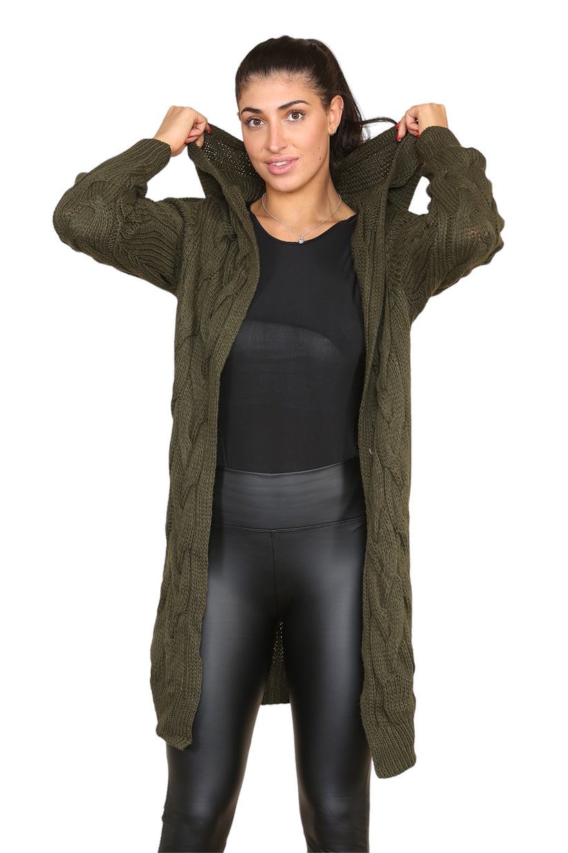 Knitted Cable Hooded Long Over Sized Cardigan