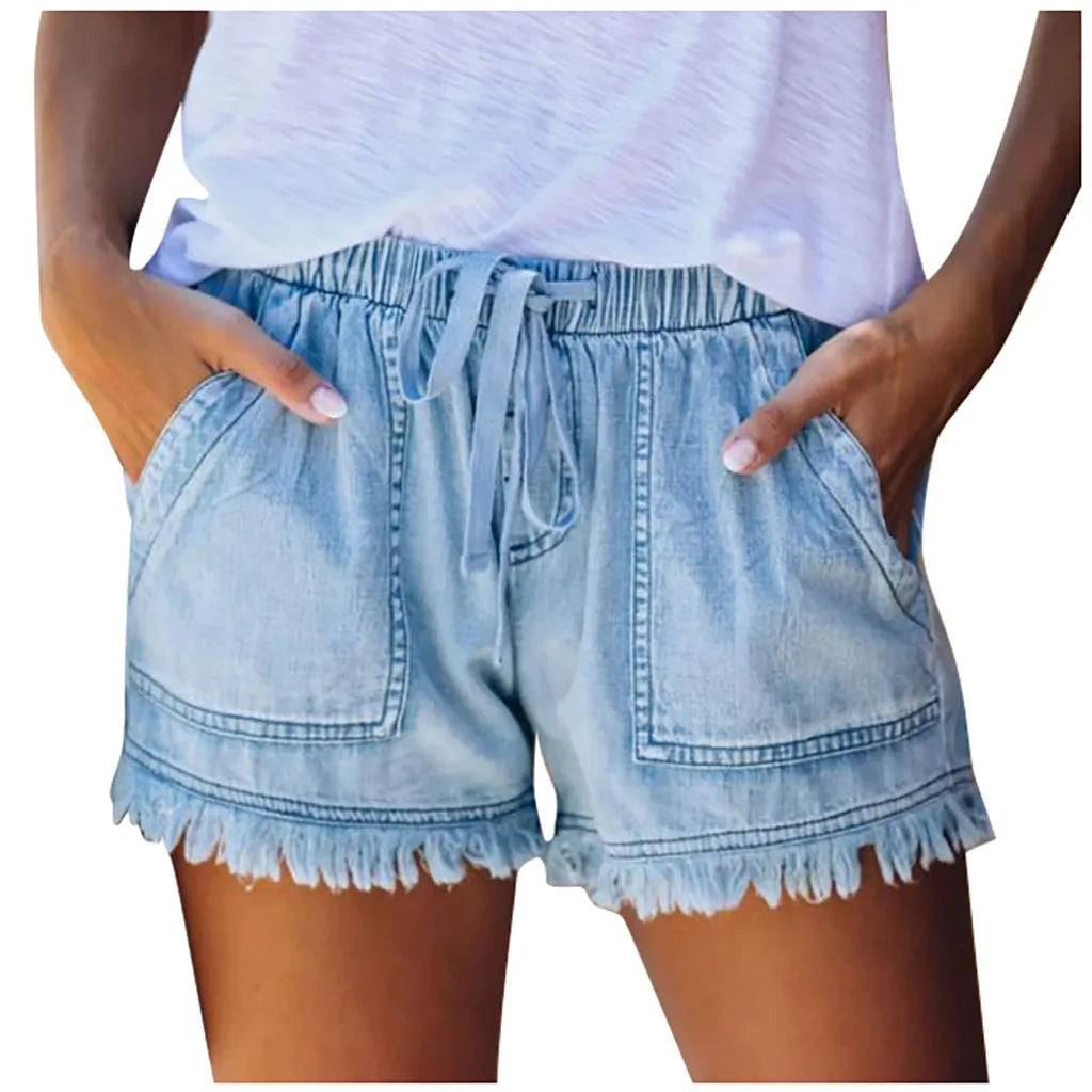 Drawstring Elastic Waisted Casual Denim Shorts with Pocket