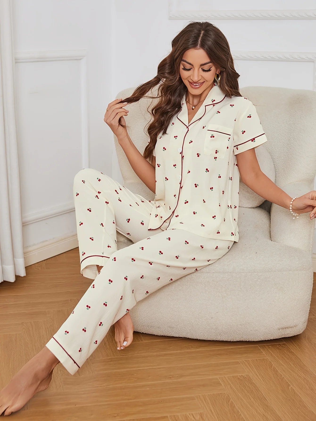 Cherry Print Textured Pajama Set