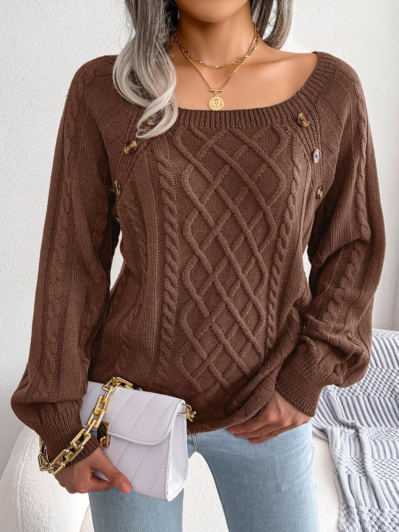 Casual Square Collar Buttons Long Sleeve Knitted Pullover