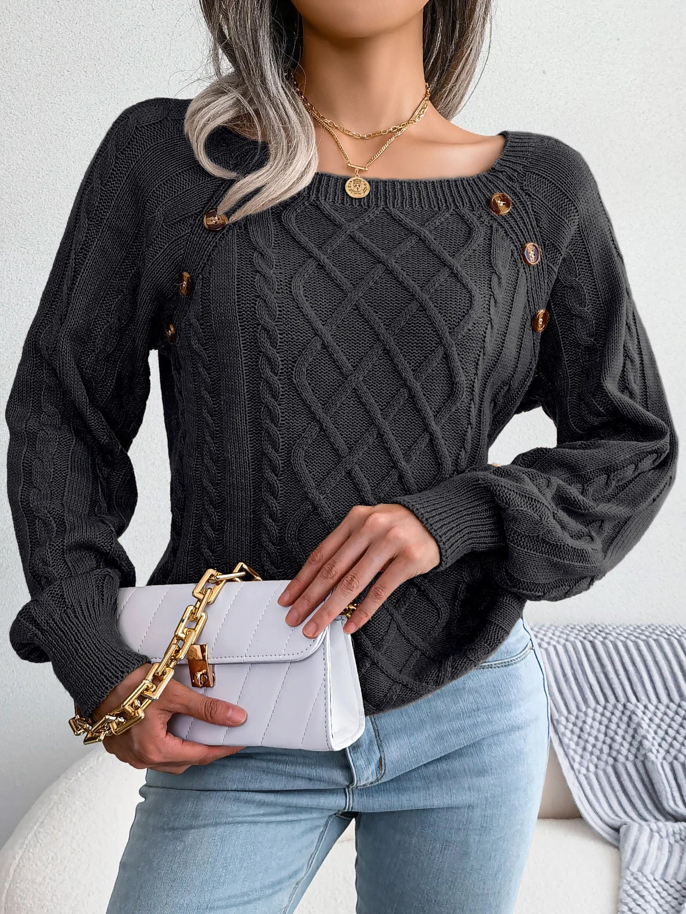 Casual Square Collar Buttons Long Sleeve Knitted Pullover