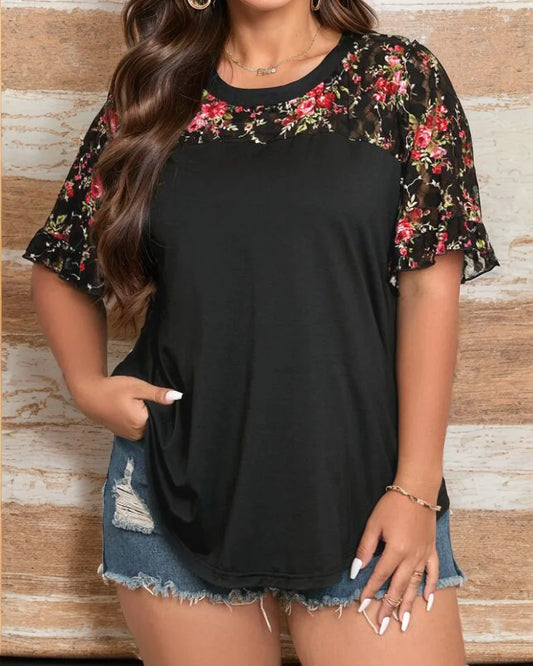 Plus Size Casual V-neck Printed Round Neck T-shirt