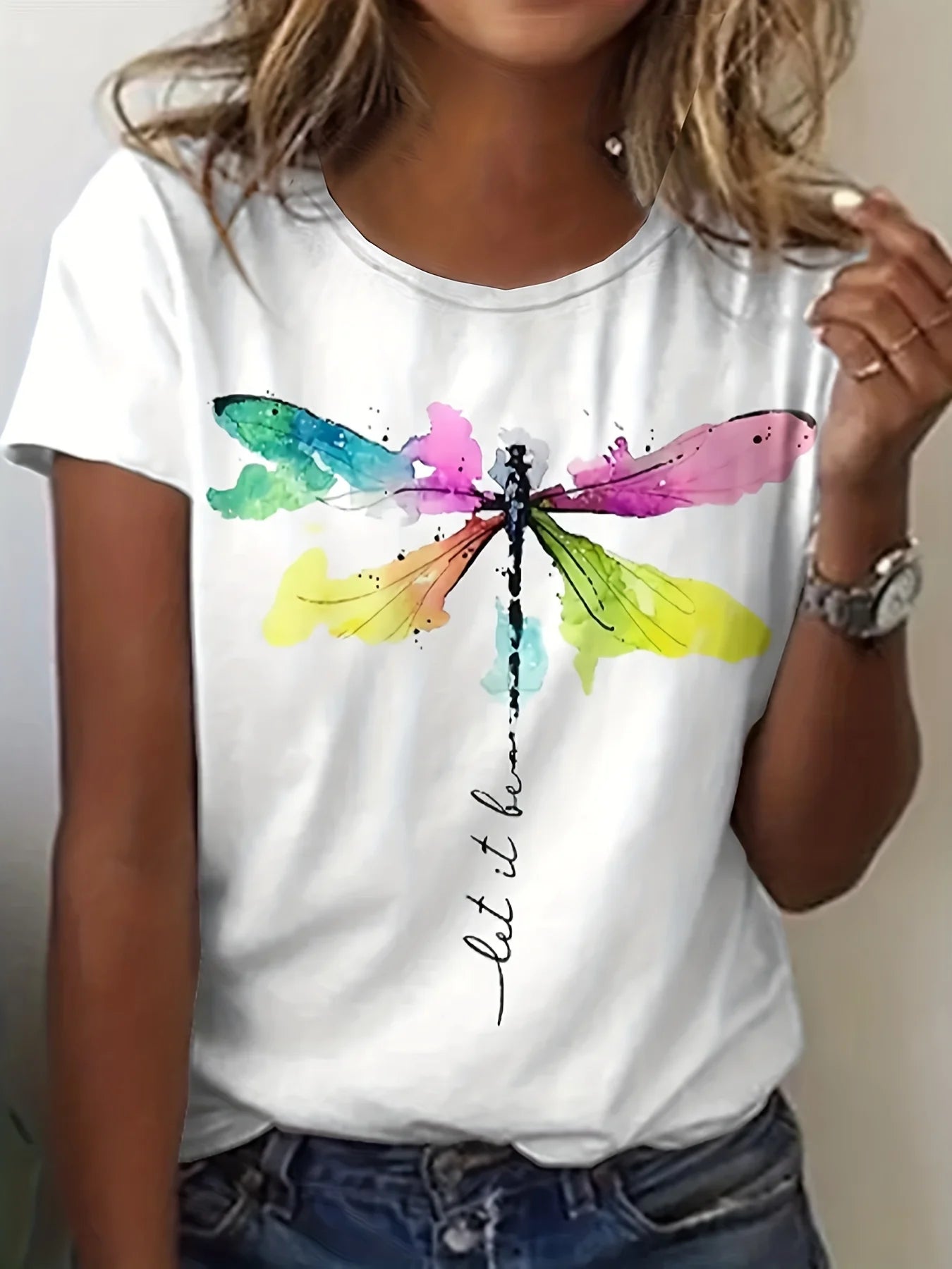 Plus Size Casual Dragonfly & Art Letter Print T-shirt